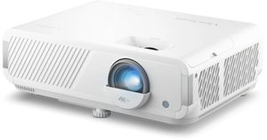 Viewsonic LX720-4K Laser Home Projector displaying 3500 Lumens 4K resolution, shown with sleek design and adjustable lens focus.
