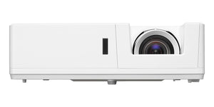 Optoma AZU617T Laser Projector front view showcasing lens and white design for 6500 Lumens brightness and 300,000:1 contrast ratio.