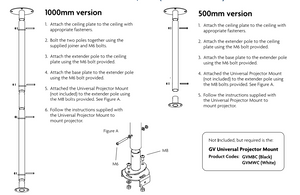 Projector Ceiling Mount Black / White Colour 50cm or 100cm or 150cm Drop; up to 12kg