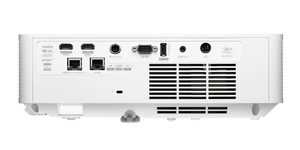 Back panel of Optoma AZK430UST Laser Ultra Short Throw Projector showing connectivity ports and vents.