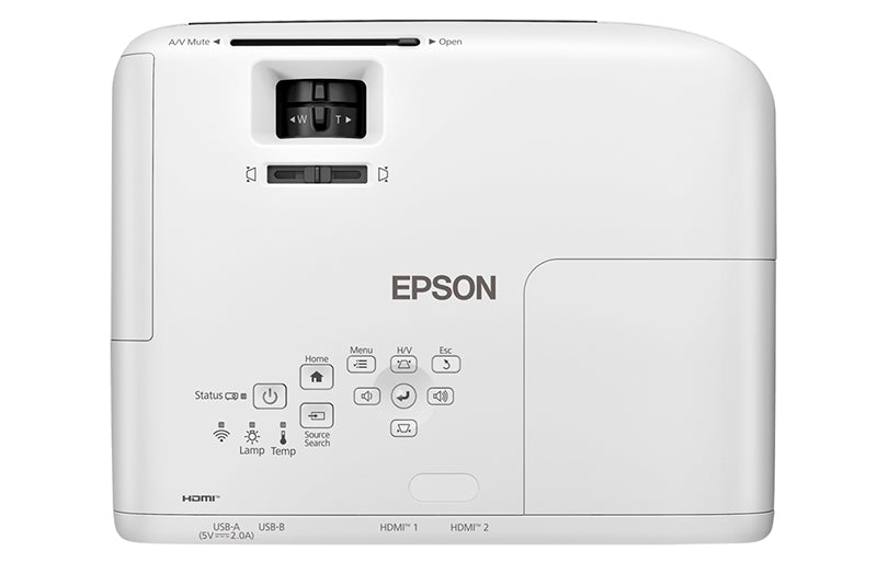 Epson EB-W55 data projector top view with control panel, USB, HDMI ports, and status indicators.