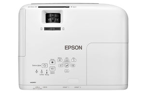 Epson EB-W55 data projector top view with control panel, USB, HDMI ports, and status indicators.