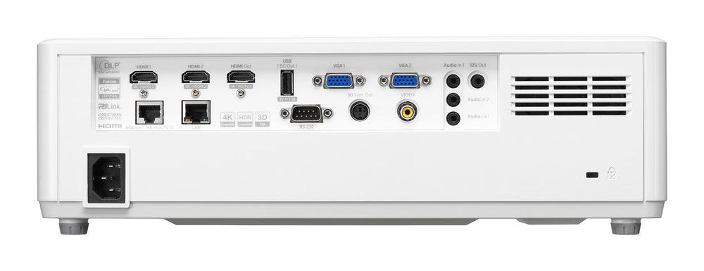 Back view of Optoma AZU617T Laser Projector showing multiple connectivity ports and features