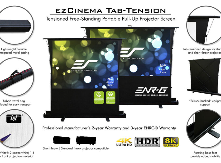 Elite Premium Tab-Tension Pull Up Projector Screen with Scissor-Backed support - from 74' to 110"