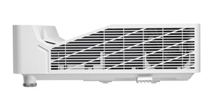 Side view of Optoma AZK430UST Laser Ultra Short Throw Projector with 4000 lumens and 4K resolution for meeting rooms and classrooms.